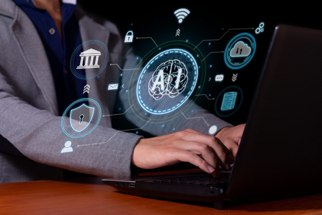 A male lawyer using a laptop, with AI-related icons overlaid on the image